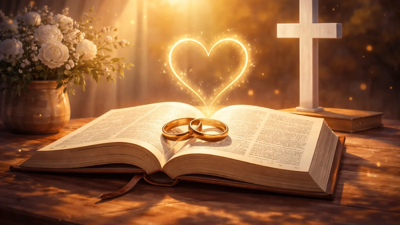 Open Bible with wedding rings and cross symbolizing Christian chastity, faithfulness, self-control, and purity of heart
