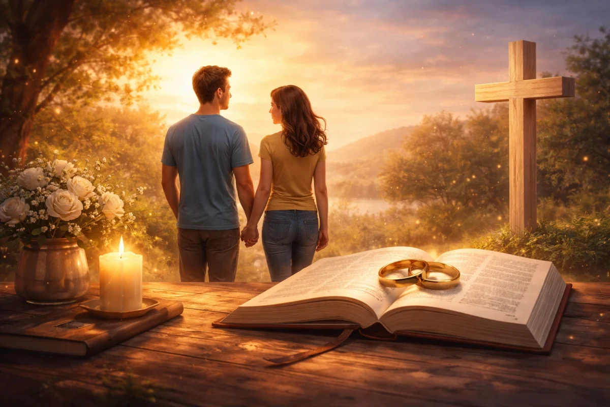 Realistic banner showing an open Bible with wedding rings and a cross at sunset, symbolizing Christian chastity, faithfulness, and self-control
