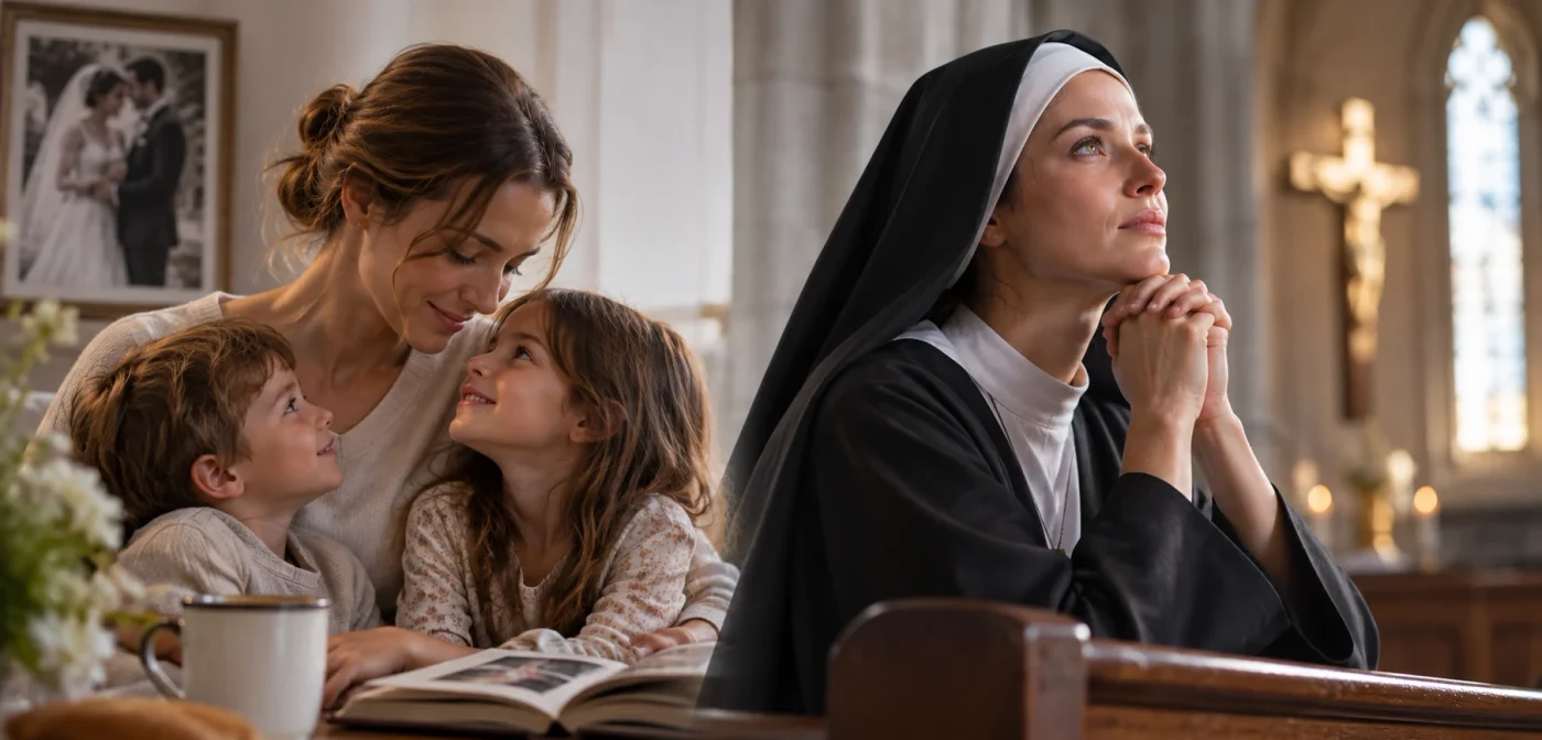 Mother with children and Catholic nun praying in church while discerning religious life after marriage and family life