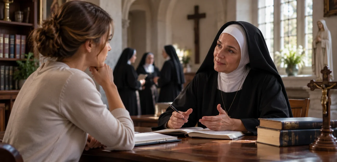 Woman speaking with a Catholic nun about the requirements and discernment process to enter religious life